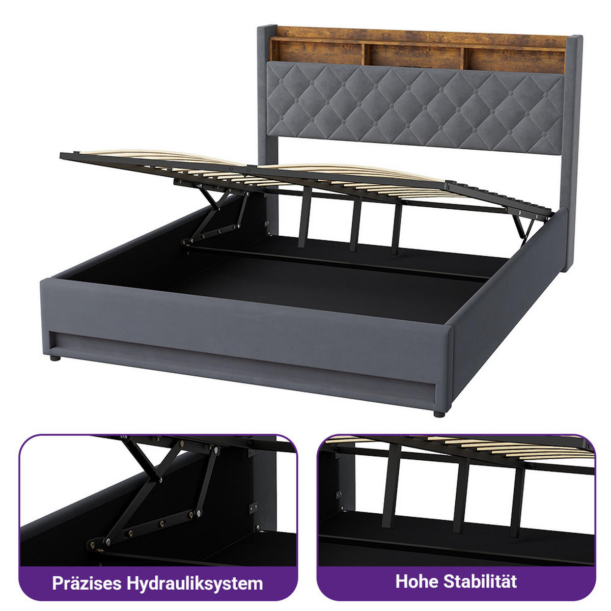 POLSTERBETT 180/200 cm in Grau Samt mit Bettkasten, LED-Beleuchtung und USB-Anschluss - Grau, Holzwerkstoff/Textil (180/200cm) - CHICFURN