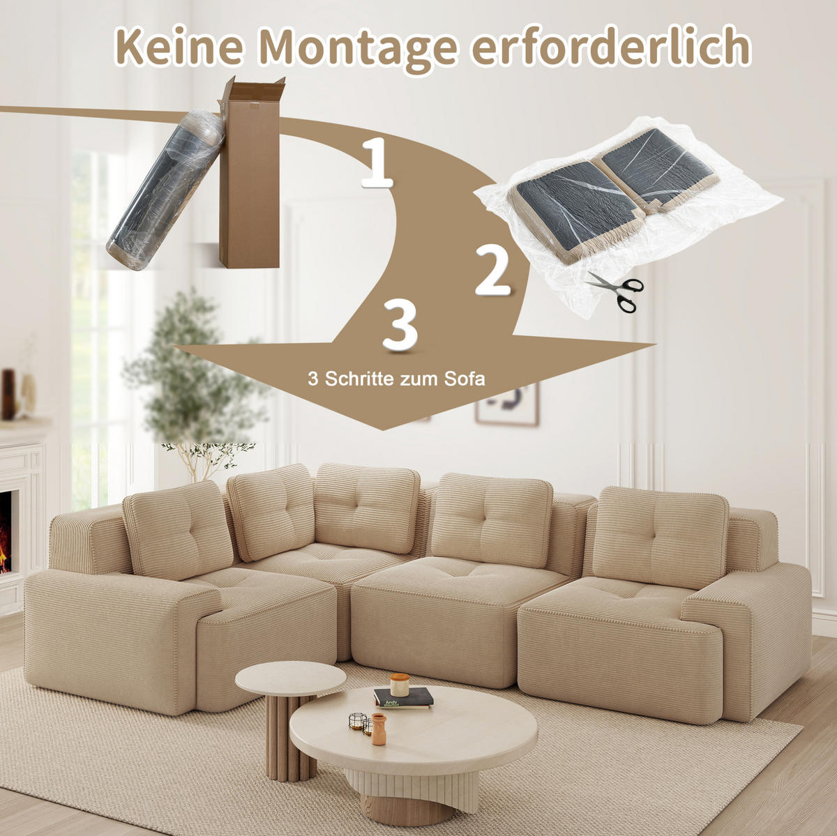ECKSOFA 295/206/69 cm Beige aus Cordstoff modular kein Aufbau erforderlich - Beige, Textil (206/295cm) - OKWISH