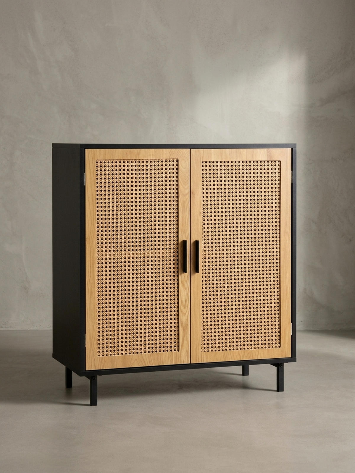 SIDEBOARD – Schwarz, 80x86,5x40 cm, mit Wiener Geflecht, 2 Türen, hoch - Schwarz, Holzwerkstoff/Metall (80/87/40cm) - KADIMA DESIGN