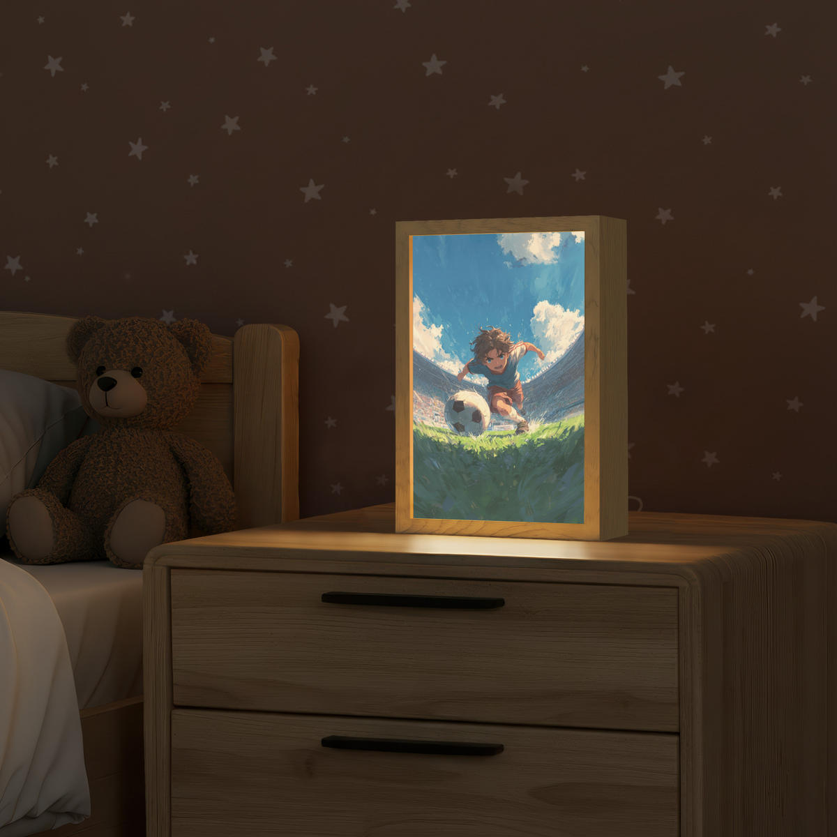 NACHTTISCHLAMPE Stadion - Fußballer - Ball 20x30 cm - Blau, Holzwerkstoff (8/20/30cm)