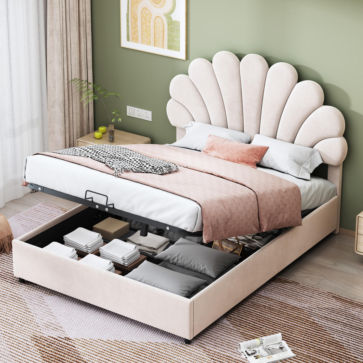 POLSTERBETT 140/200 cm beige aus Samt mit Stauraum und Lattenrost - Beige, Textil (140/200cm) - OKWISH