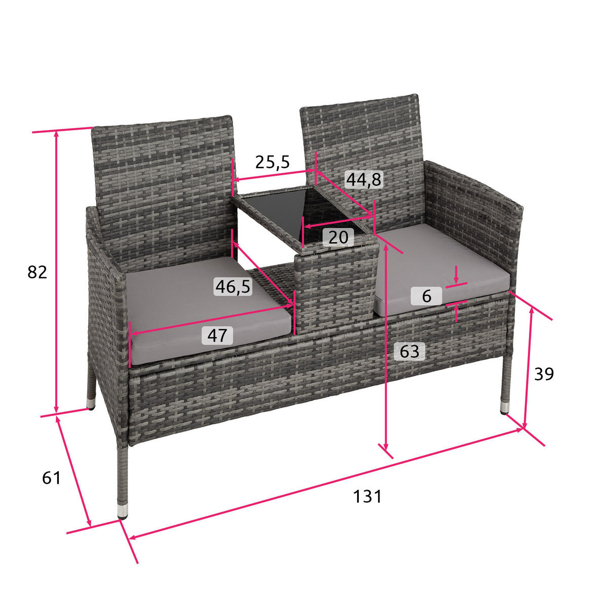 RATTAN GARTENSITZBANK Narbonne,131 x 59 x 82 cm,grau/hellgrau - Grau, Kunststoff (61/82/131cm) - tectake