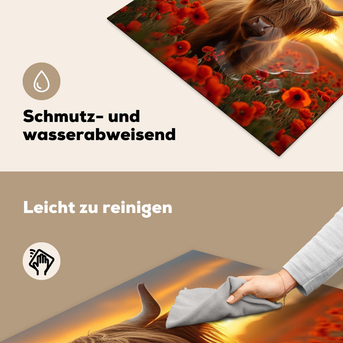 HERDABDECKPLATTE Schottische Highlander - Rosen - Blumenfeld - Sonnenuntergang Induktionsmatte 77x59 cm - Rotbraun, Kunststoff (77/59/0.2cm) - MuchoWow
