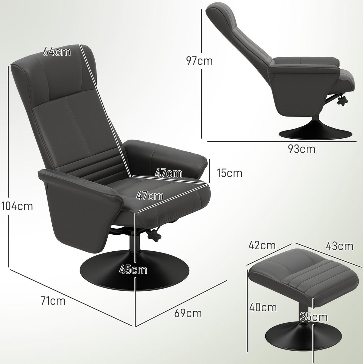 RELAXSESSEL Polyester mit Hocker, Liegefunktion 69/71/104 cm Schwarz - Schwarz, Textil (71/104/69cm) - Redom