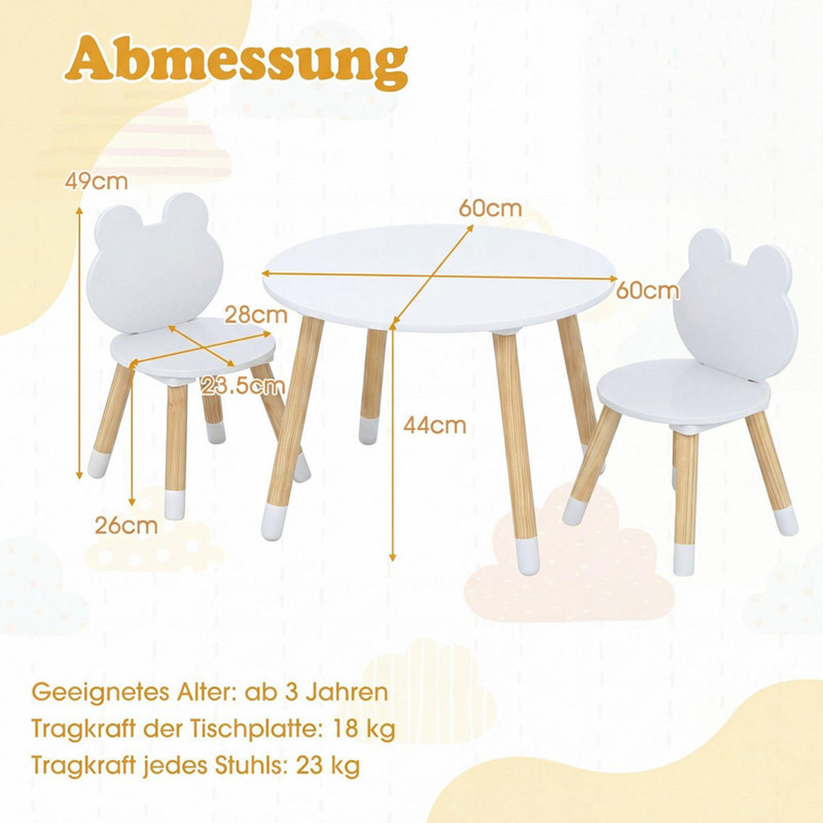 KINDERTISCH mit stuhl weiß(3-tlg) - Weiß, Holzwerkstoff (60/44/60cm) - COSTWAY