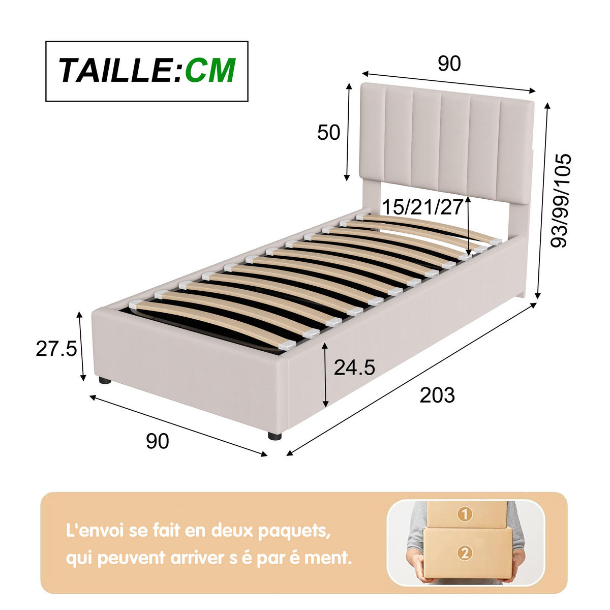 KINDERBETT 90x200 Beige Leinen hydraulischer Stauraum - Beige, Metall (90/200cm) - SHOPENTRA