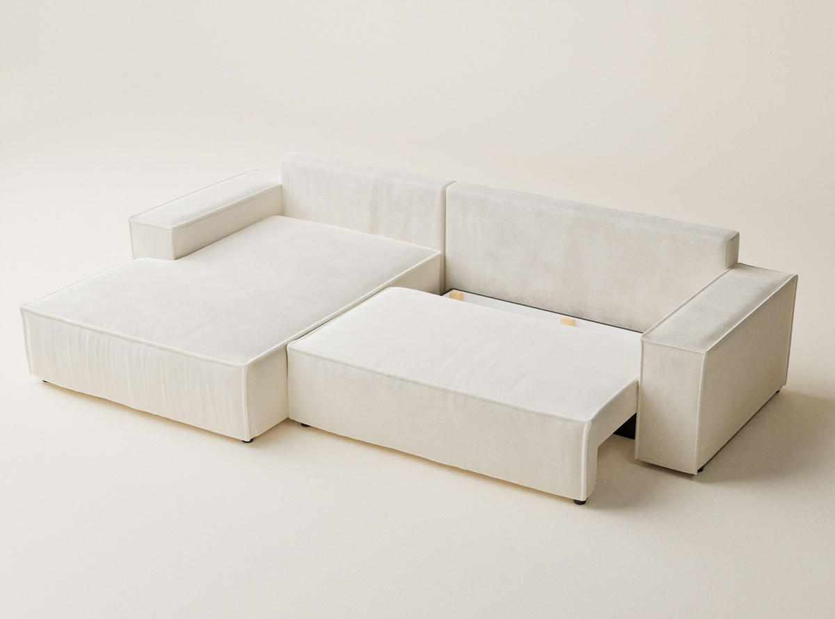 ECKSOFA Maze Creme Chenille-Stoff - Links Seite - Creme/Schwarz, Holz/Holzwerkstoff (185/294cm) - Maison de Reve