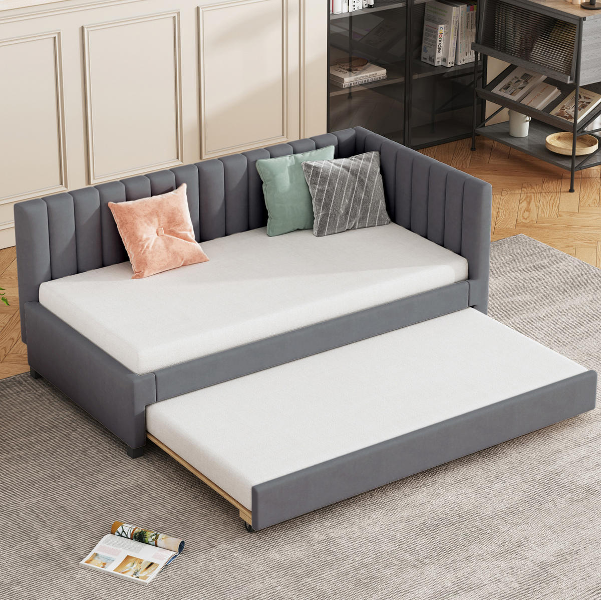 POLSTERBETT aus Samtstoff 90x200 cm Grau mit Ausziehbett, Lattenrost und gepolstertem Kopfteil - Grau, Textil (90/200cm) - Modfu