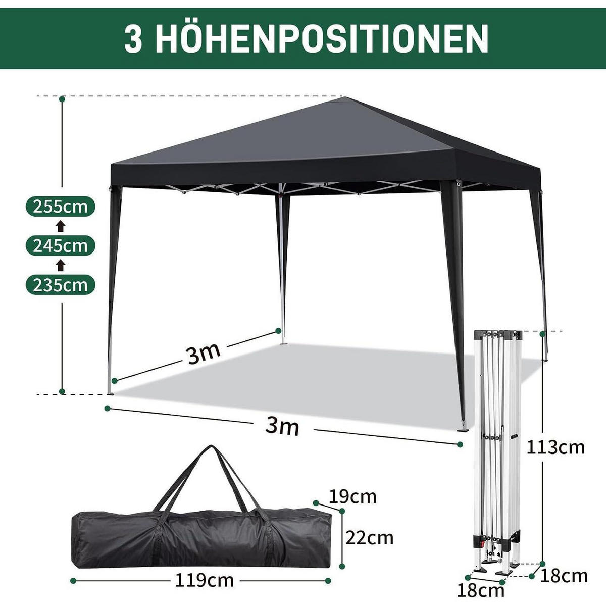 FALTPAVILLON 3 x 3 m mit 4 Seitenteilen Schwarz - Schwarz, Textil (300/255/300cm)