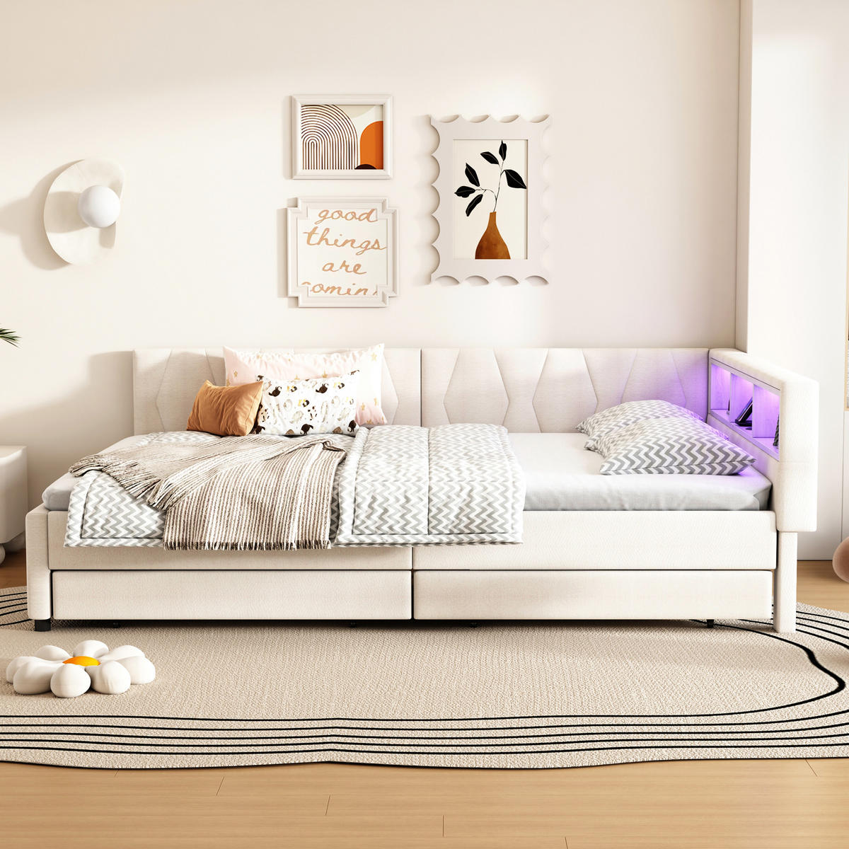 TAGEBETT 140x200cm Beige Leinen USB-C LED-Licht 2 Schubladen - Beige, Holz (140/200cm) - FLIEKS