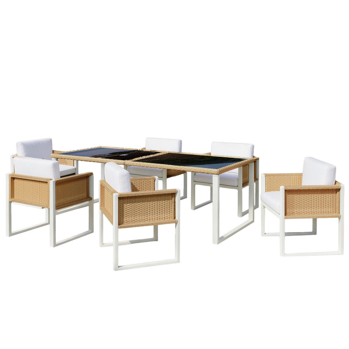 GARTEN-ESSGRUPPE 170/80/75 cm braun/weiß aus PE-Rattan mit 6 Stühlen - Braun, Naturmaterialien - OKWISH