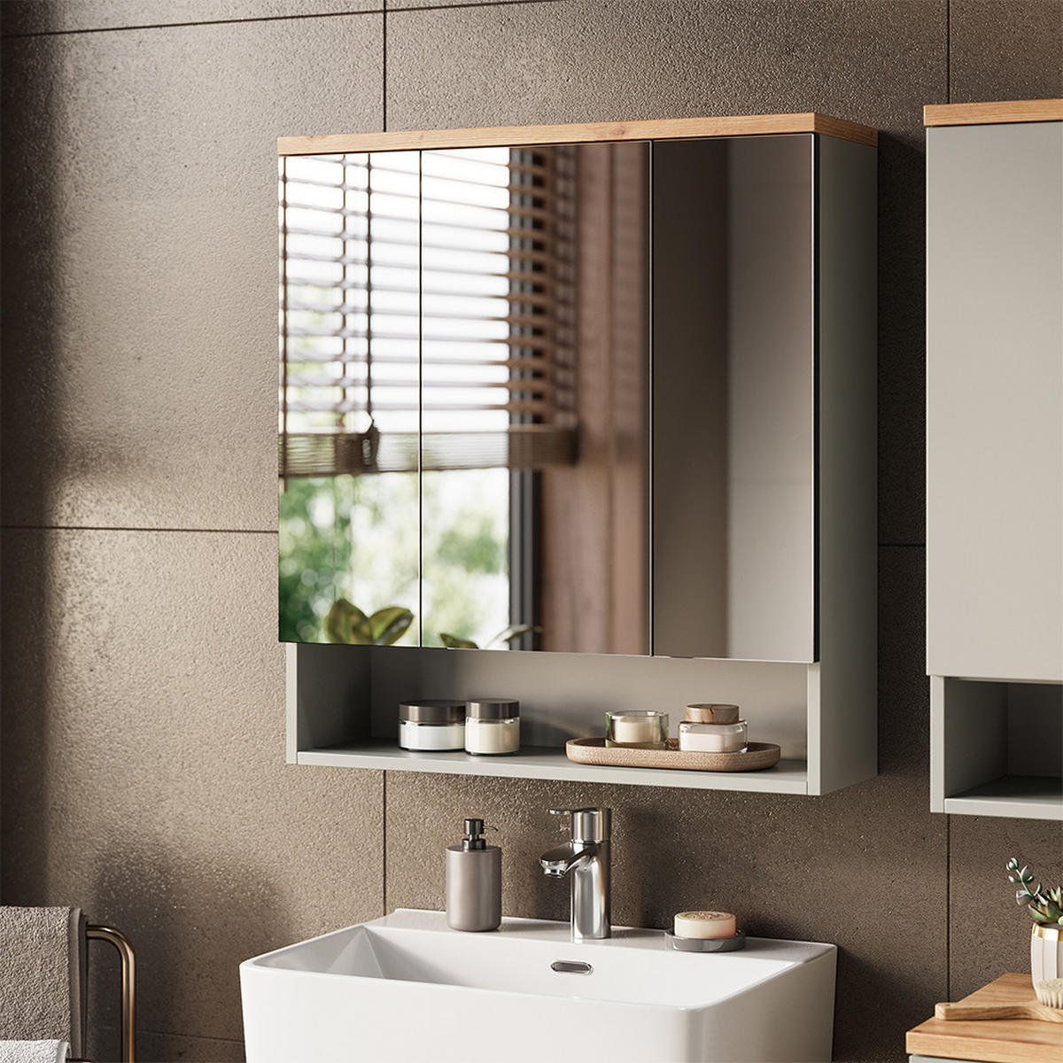 BADSPIEGELSCHRANK Eden Grau/Artisan 70 x 77.5 cm mit 3 Spiegeltüren - Hellgrau/Grau, Holzwerkstoff (70/77.5/21.7cm) - Vicco