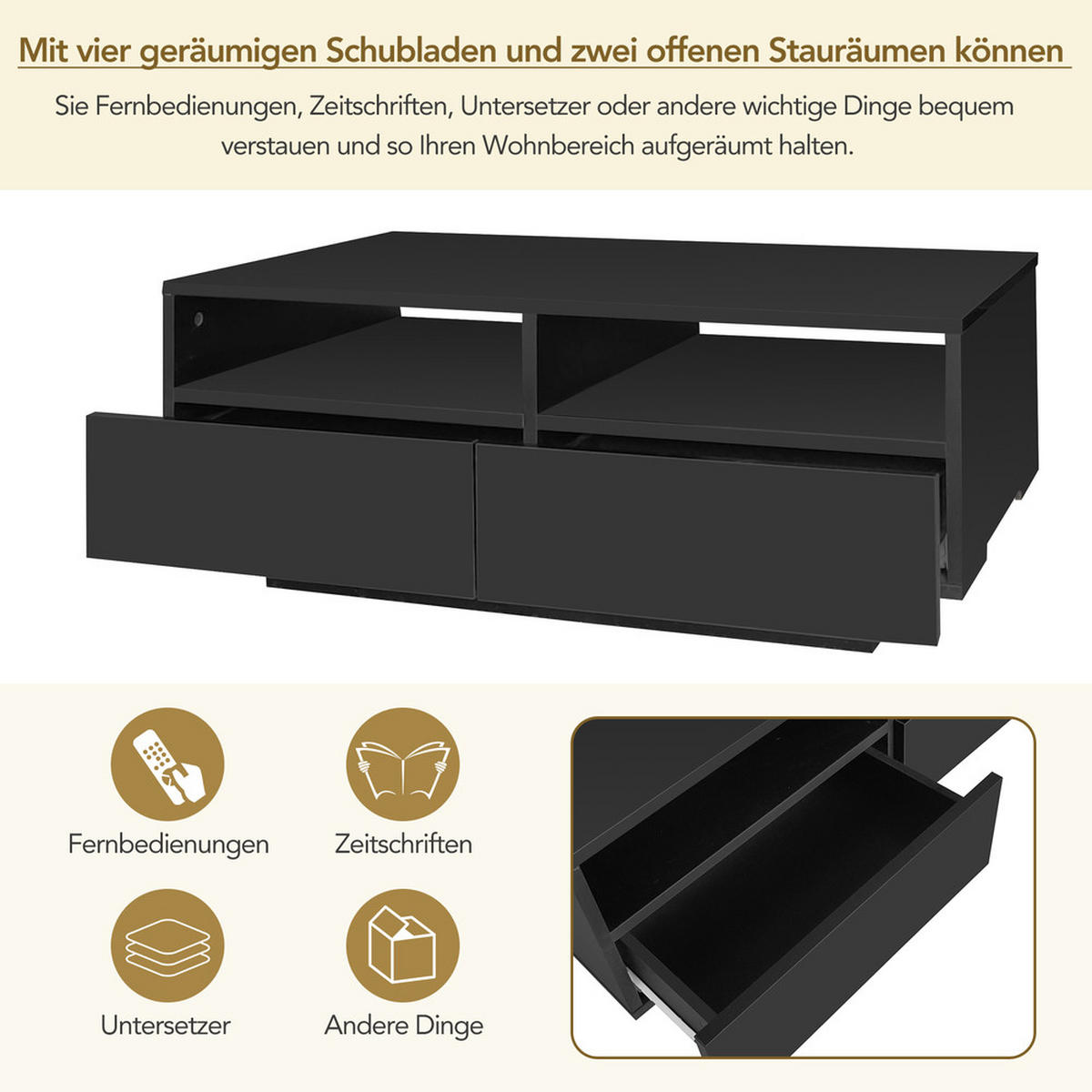 COUCHTISCH Schwarz Hochglanz LED 16 Farben 4 Schubladen USB Modern - Schwarz, Holz (100/65.48/14.48cm) - FLIEKS