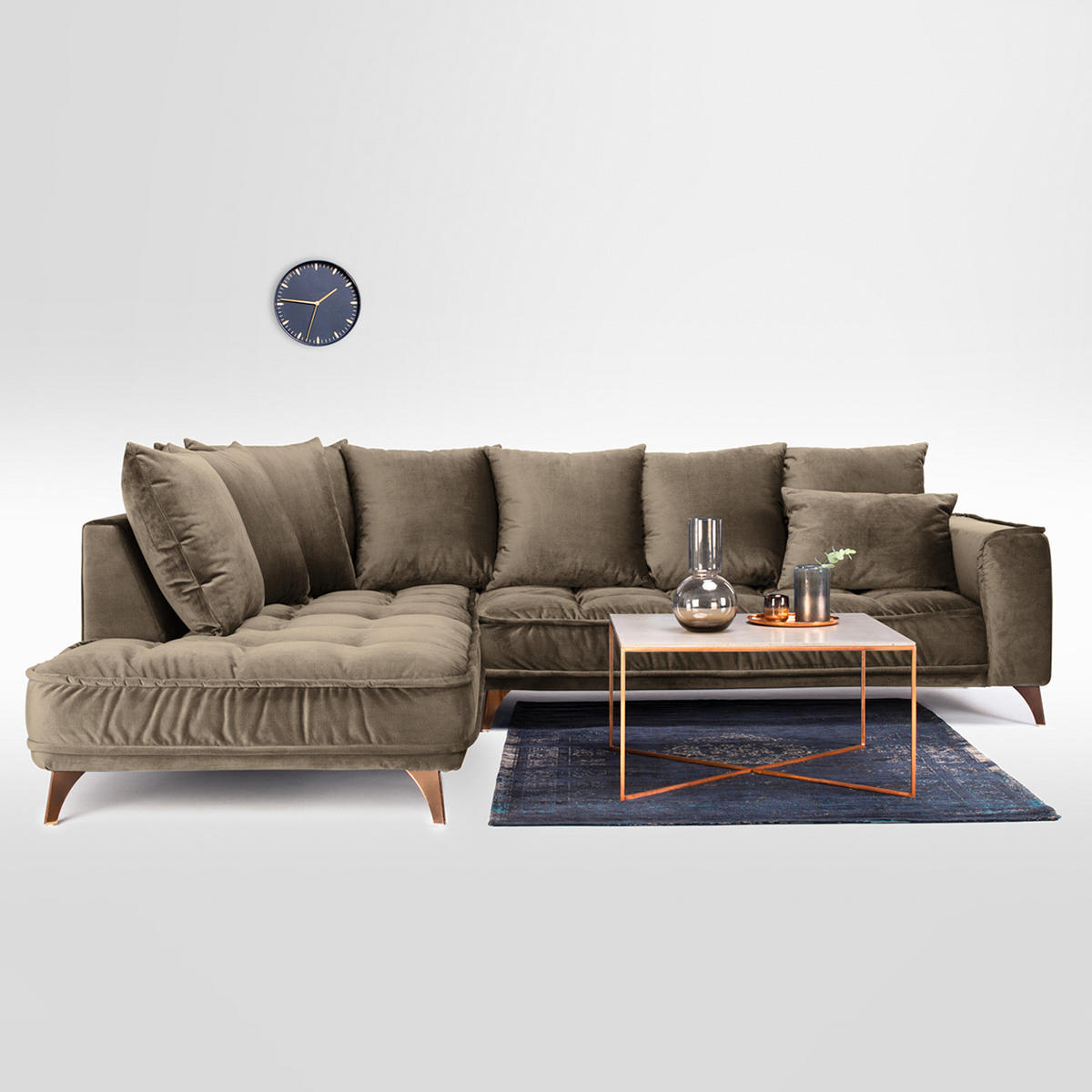 ECKSOFA mit Ottomane - Samt - Braun, Textil/Metall (288/245cm) - home24