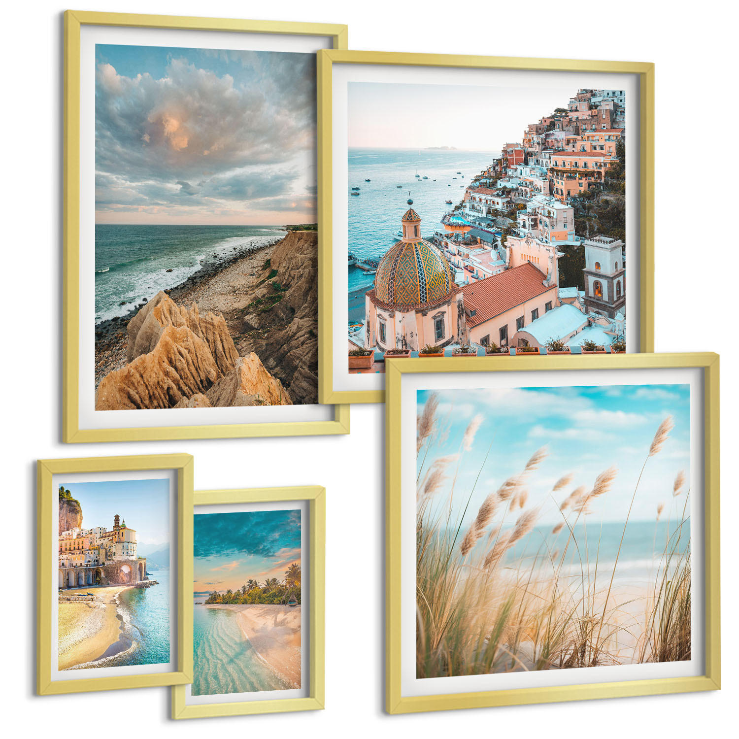 BILDER SET 5er Set - 50x50 cm & 20x30 cm & 40x60 cm Goldrahmen - Landschaften Strand Stadt Klippen - Goldfarben, Kunststoff (40/60cm) - TULUP