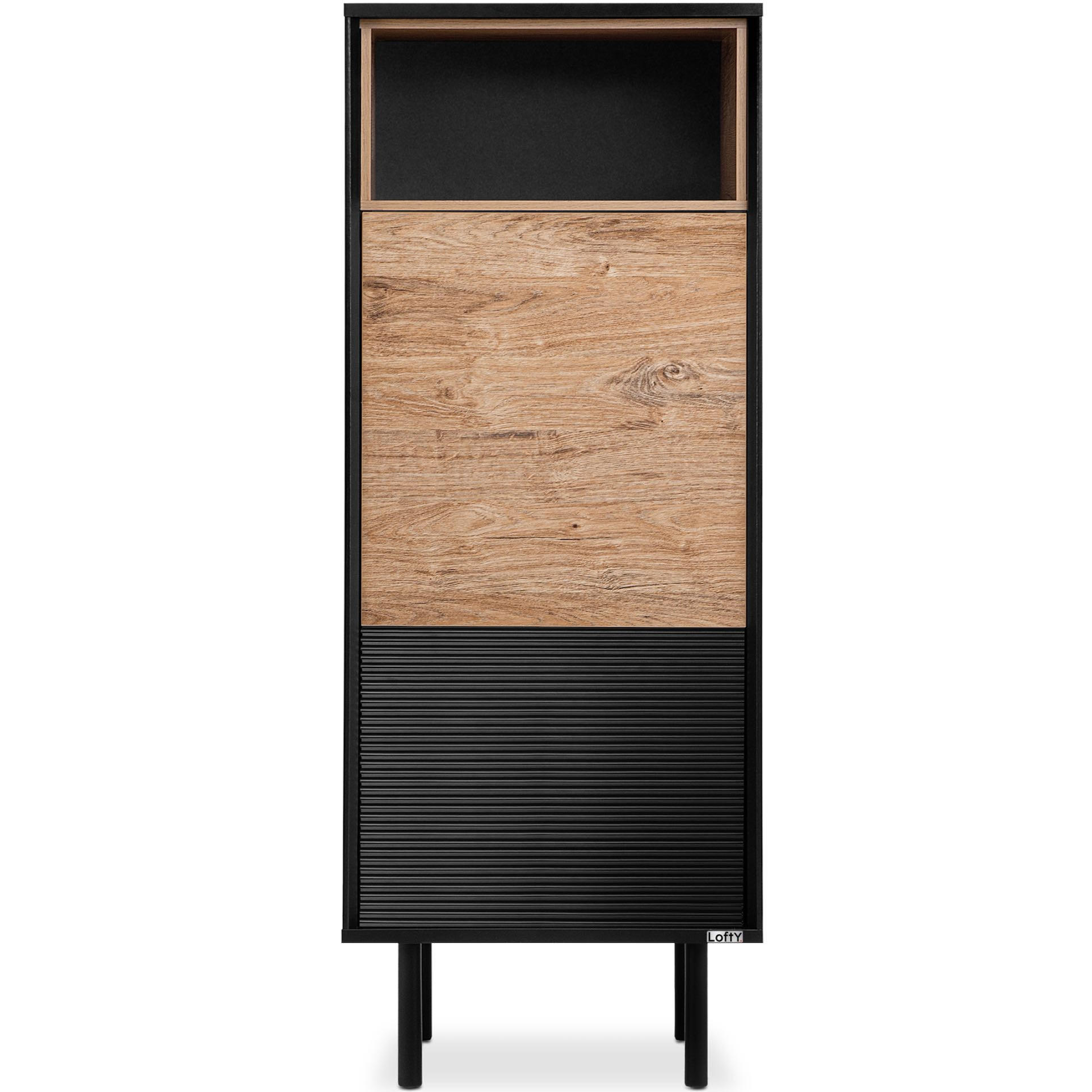 REGAL LOFTY mit Massivholzbeine, schwarz - Eichefarben/Multicolor, Holzwerkstoff (52/135/41cm) - KONSIMO®