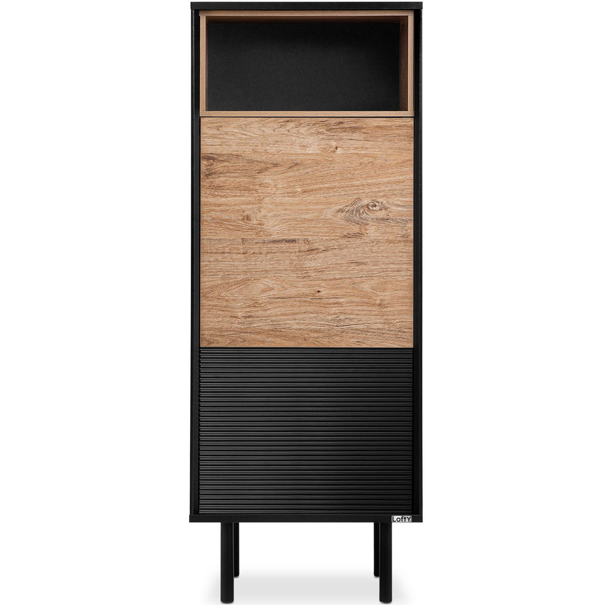 REGAL LOFTY mit Massivholzbeine, schwarz - Eichefarben/Multicolor, Holzwerkstoff (52/135/41cm) - KONSIMO®