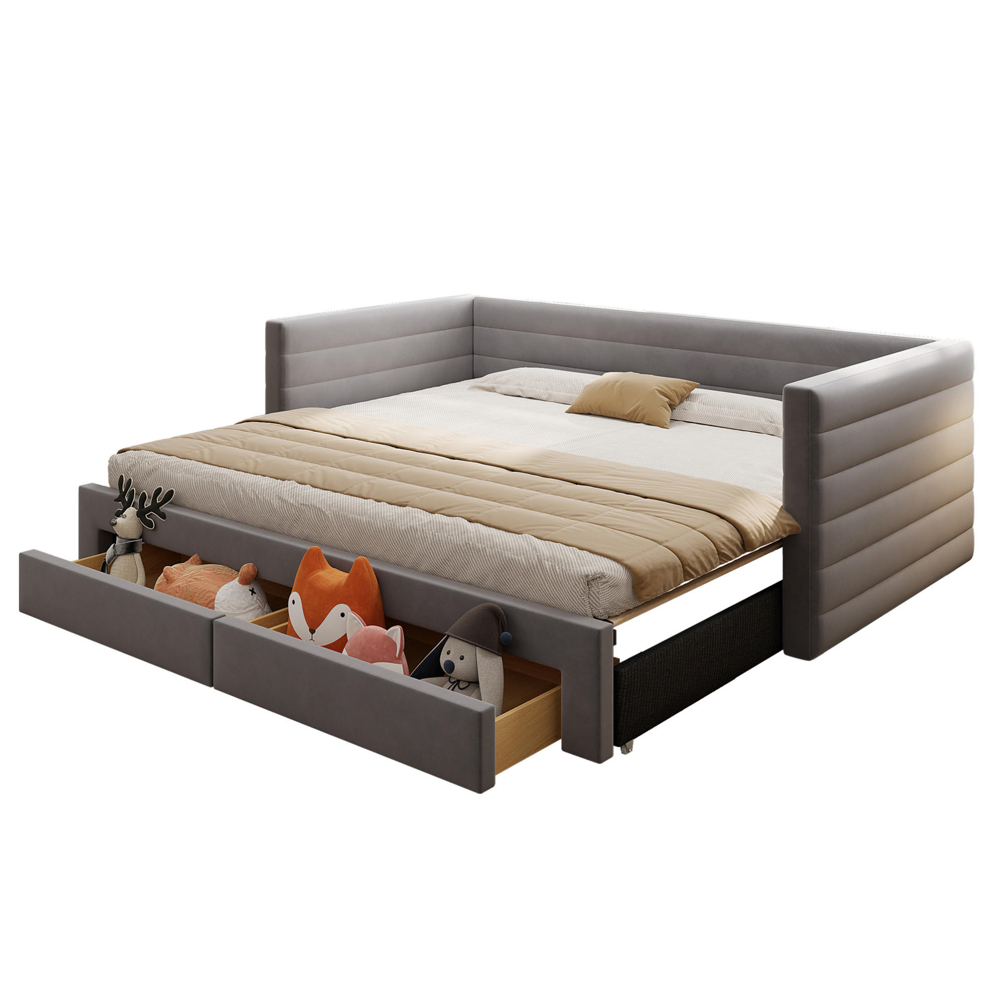 POLSTERBETT 90/190 cm ausziehbar mit 2 Schubladen und Lattenrost, Grau - Grau, Textil (90/190cm) - BEAOK