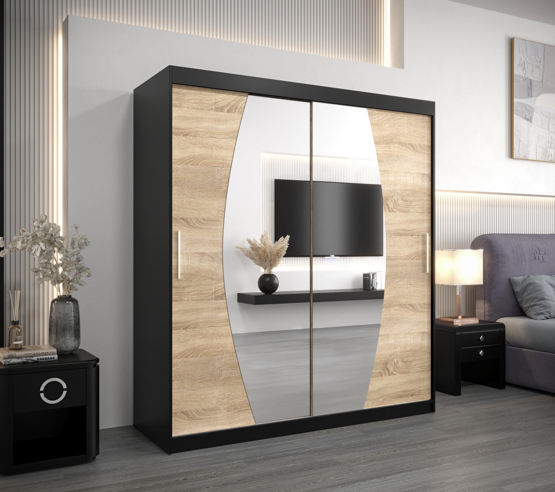 SCHWEBETÜRENSCHRANK 200/180/62 2-türig - Silberfarben/Schwarz, Holz/Kunststoff (180/200/62cm) - Abiks Möbel