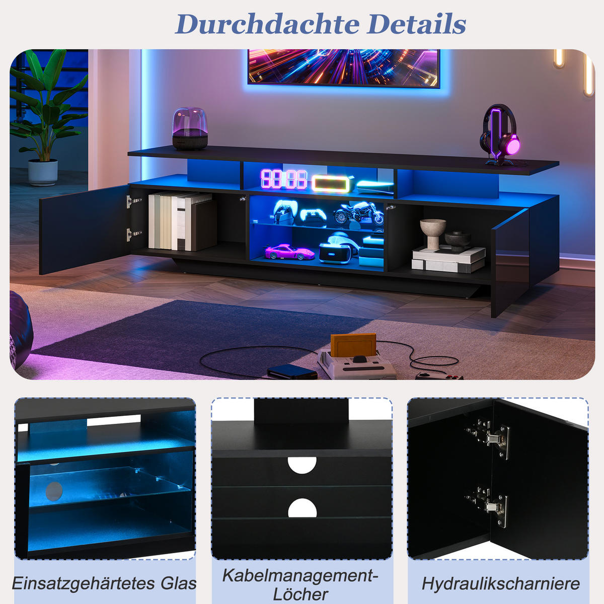 TV-SCHRANK schwarz aus MDF mit gehärtetem Glas und App-gesteuerter USB-LED 160 × 40 × 45 cm - Schwarz, Holzwerkstoff (160/45/40cm) - Luhomfu