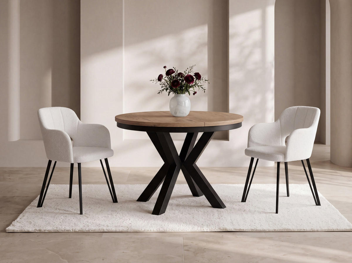 ESSTISCH Clara runder ausziehbarer, Eiche Hellbraun 120-200/120/76 cm - Eichefarben/Schwarz, Holzwerkstoff/Metall (120/200/76cm) - WFL GROUP