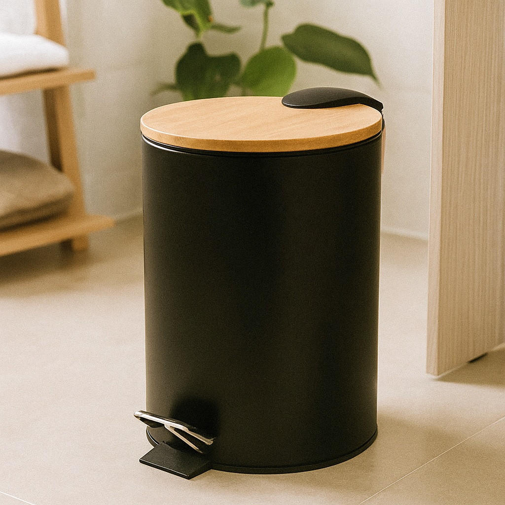 MÜLLEIMER Bambus Zetru 3 l - Schwarz, Metall (17/25/22cm) - NUXIO