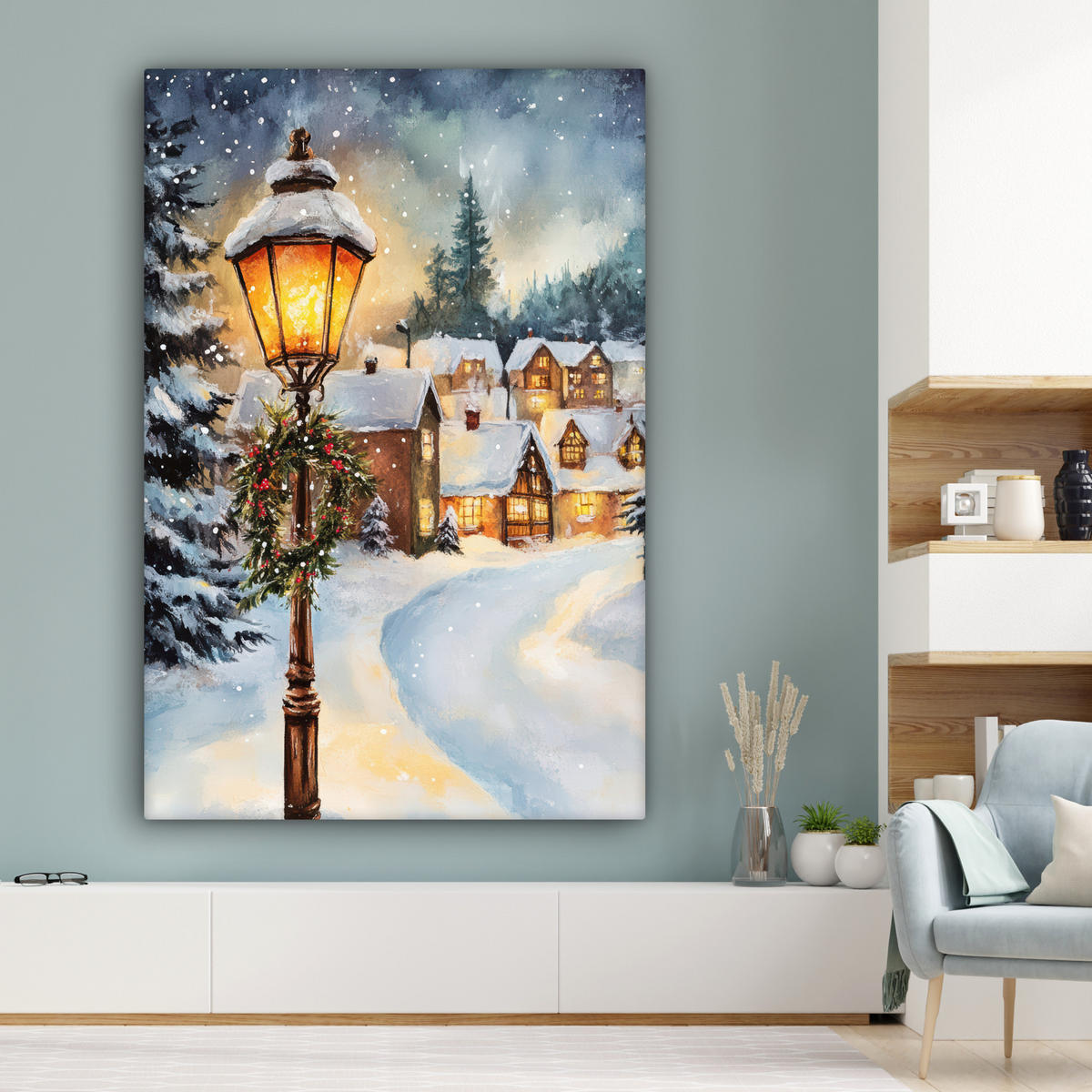 SLIKA NA PLATNU Božična vas 90x140 cm - peščene barve, tekstil (90/140cm) - MuchoWow