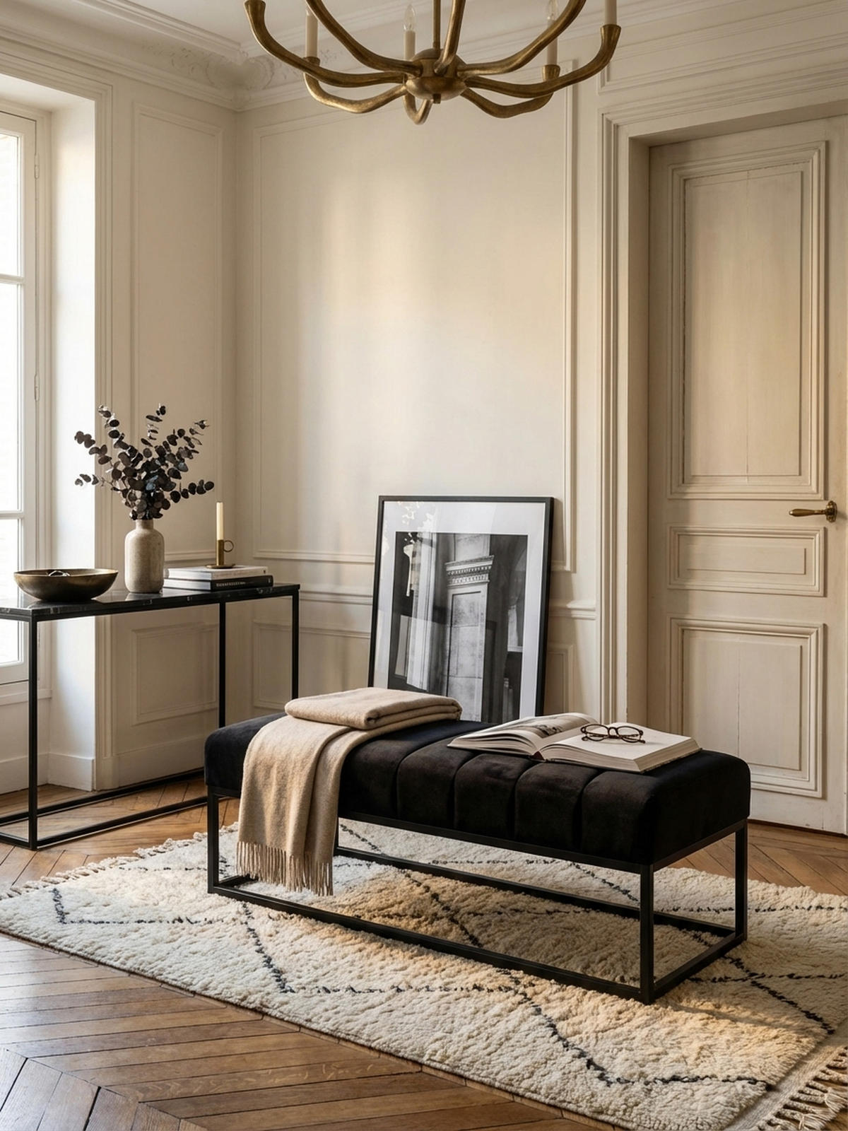 SITZBANK Samt Metallgestell gepolstert, Schwarz 108x40x40 cm - Schwarz, Textil/Metall (108/40/40cm) - KADIMA DESIGN