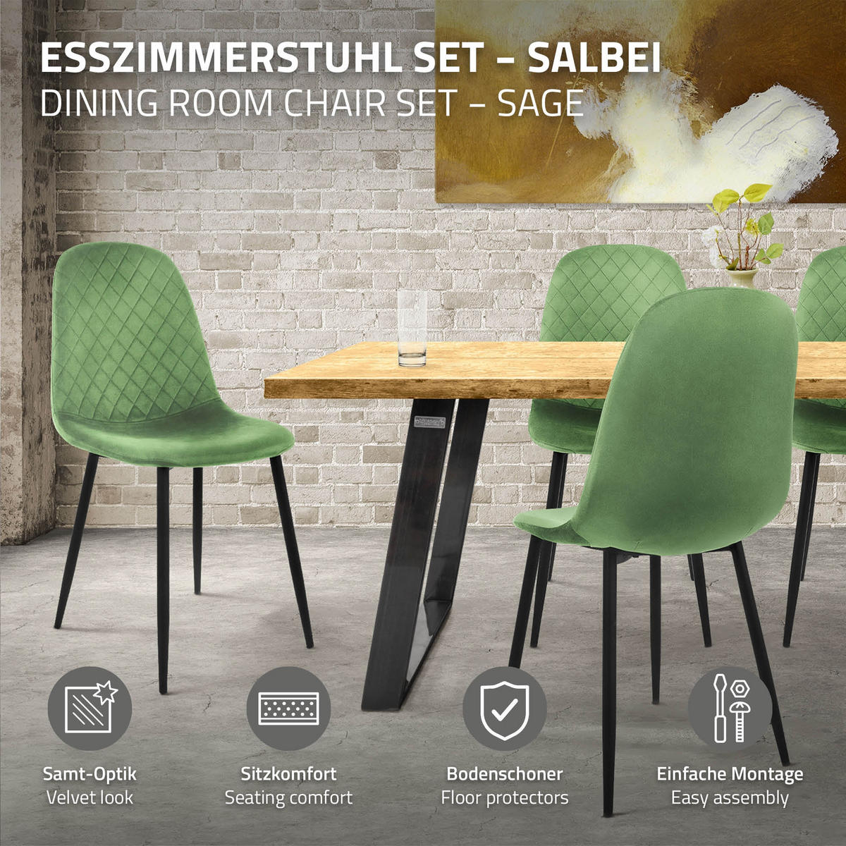 JÍDELNÍ ŽIDLE, sada 4 ks, šalvějový samet - černá/šalvějově zelená, kov/textil (51/89/44cm) - ML-DESIGN