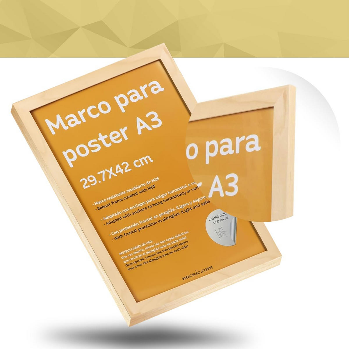 RAHMEN Set mit 4 aus MDF und Acrylglas Schutz und Aussteller für Fotografien, Bilder, Poster, Gemälde, Dekoration für Haus Farbe Hellholz A3 - Beige, Holz (29.7/3/42cm) - Nacnic