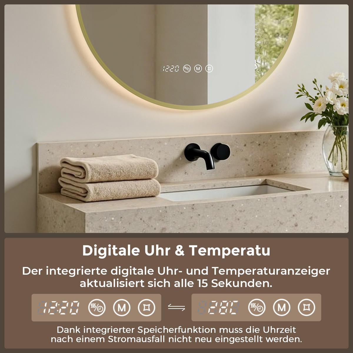 BADSPIEGEL mit Beleuchtung 70 cm rund gold mit Aluminiumrahmen, LED dimmbar und Antibeschlag - Goldfarben, Glas (70/70/3.3cm) - S'AFIELINA
