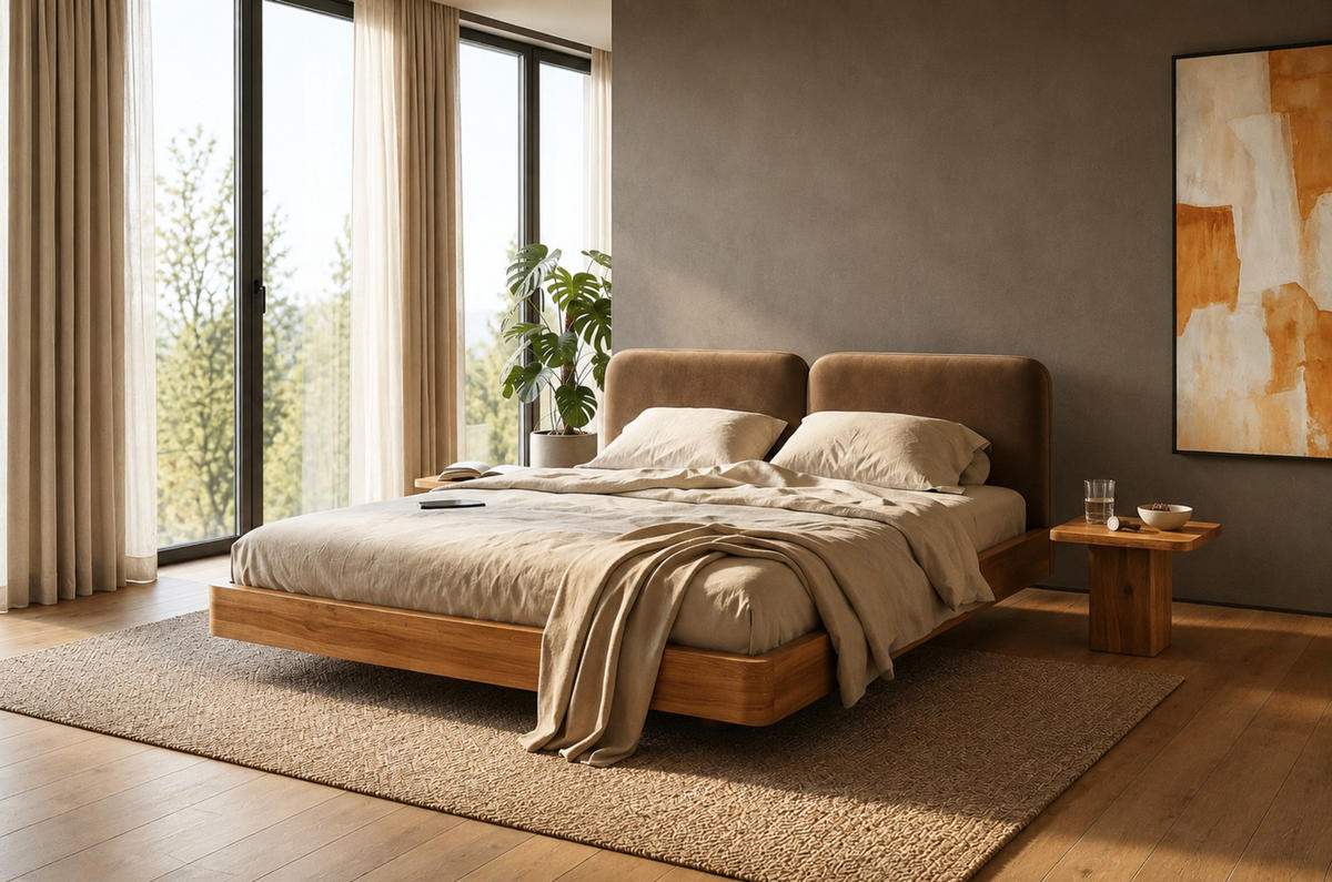 MASSIVHOLZBETT Eyko MAUI, 140/200, Wildeiche - lackiert, Samt-Kopfteil Braun - Eichefarben/Braun, Holz/Textil (140/200cm)