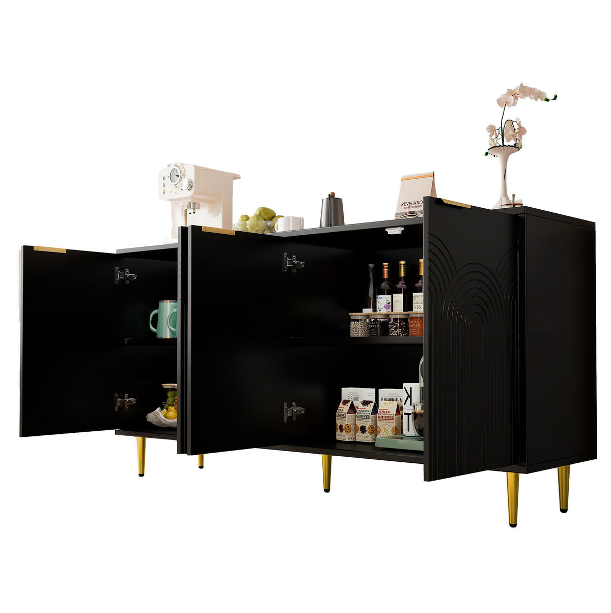 SIDEBOARD 160/40/80 cm schwarz aus MDF und Spanplatte mit 4 Türen - Schwarz, Holzwerkstoff (160/80/40cm) - OKWISH
