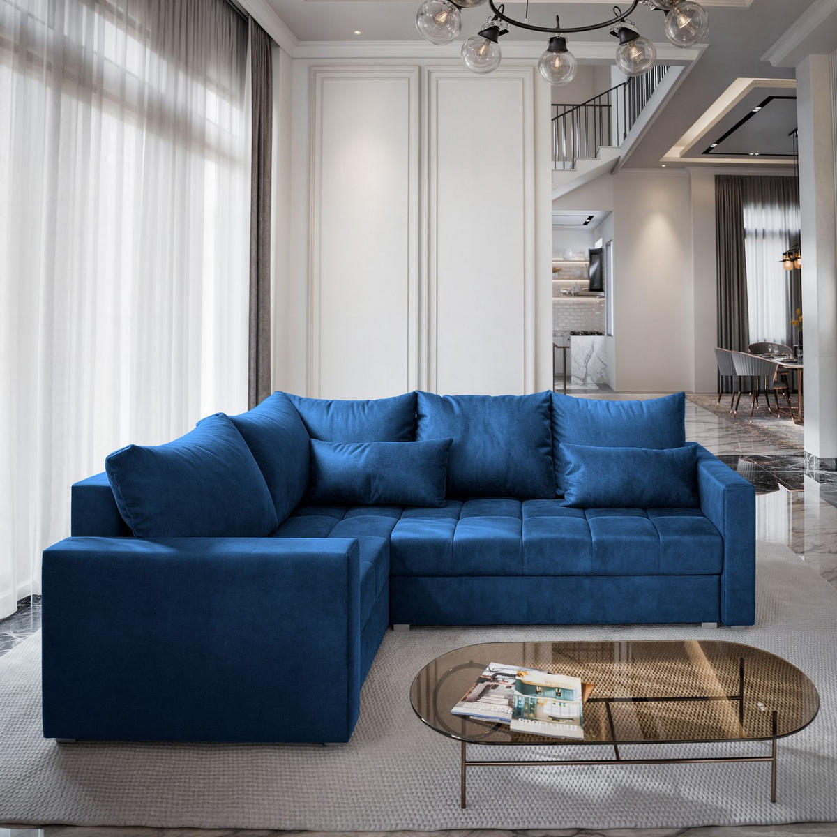 ECKSOFA LIRENO L-S Blau Plüsch-Stoff mit Schlaffunktion - Blau, Holz (220/153cm) - MASSENO