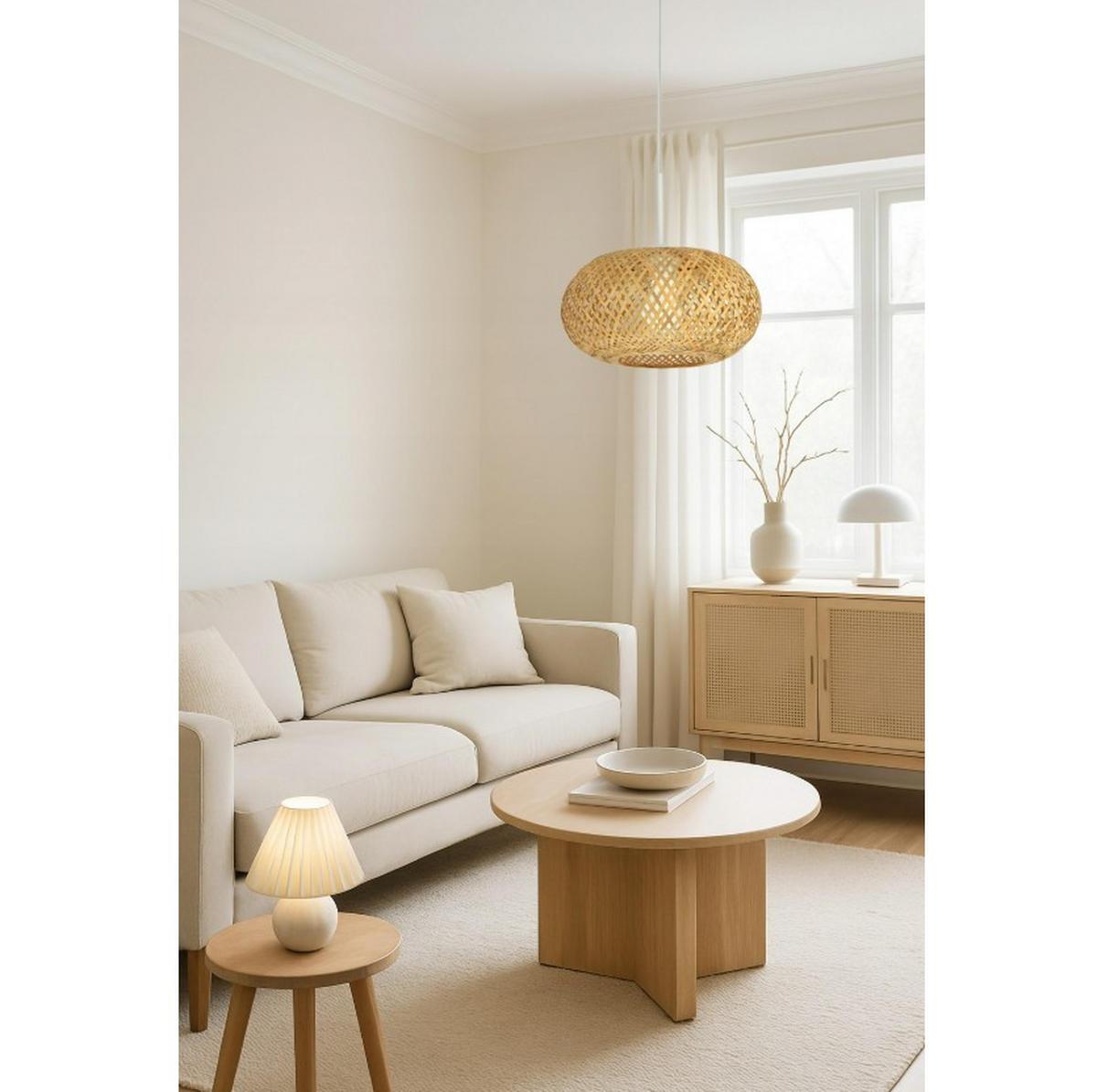 PENDELLEUCHTE BOHO - Beige/Weiß, Holz/Metall (40/40/105cm) - kiki design
