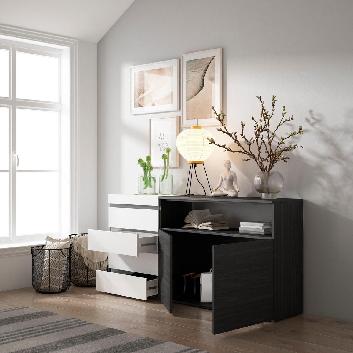 KOMMODE mit Schubladen, Sideboard Schrank, weiß und schwarz, 158/35/75cm - Weiß, Holzwerkstoff (158/75/35cm) - Skraut Home