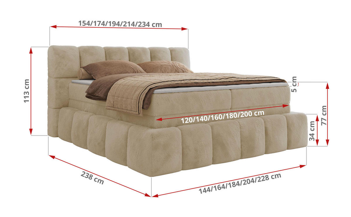 BOXSPRINGBETT NIRA KING 120/200 Creme Plüsch - H3 - Creme, Holz/Textil (120/200cm) - MKS