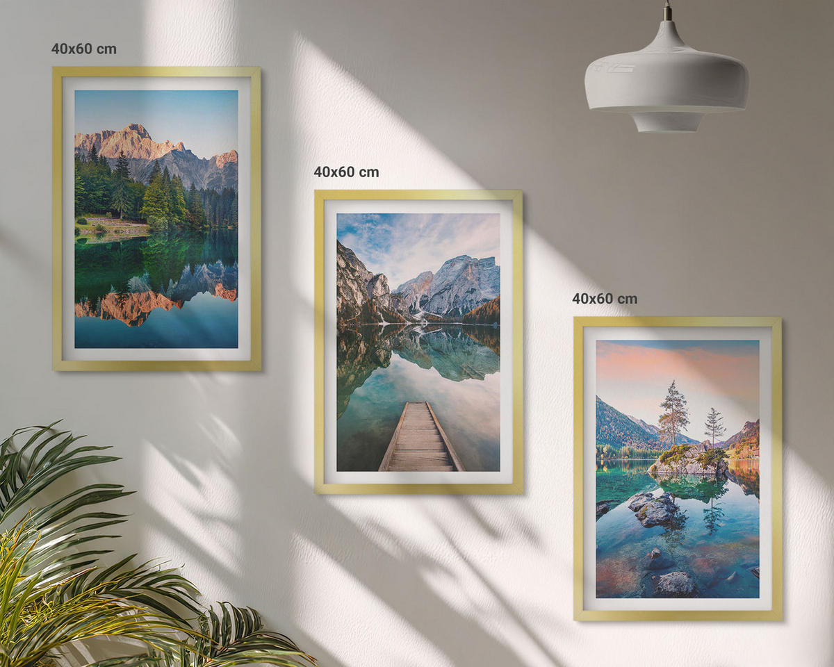 WANDBILDER 3er Set - 40x60 cm Goldrahmen - Spiegelung des Waldes in Bergseen - Goldfarben, Kunststoff (40/60cm) - ArtPrintCave