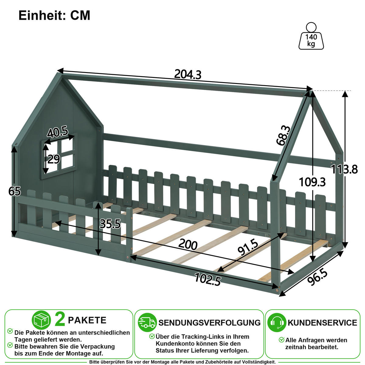 KINDERBETT 90/200 cm in Grün im Hausdesign aus Kiefer & MDF - Grün, Holz/Holzwerkstoff (90/200cm) - CHICFURN
