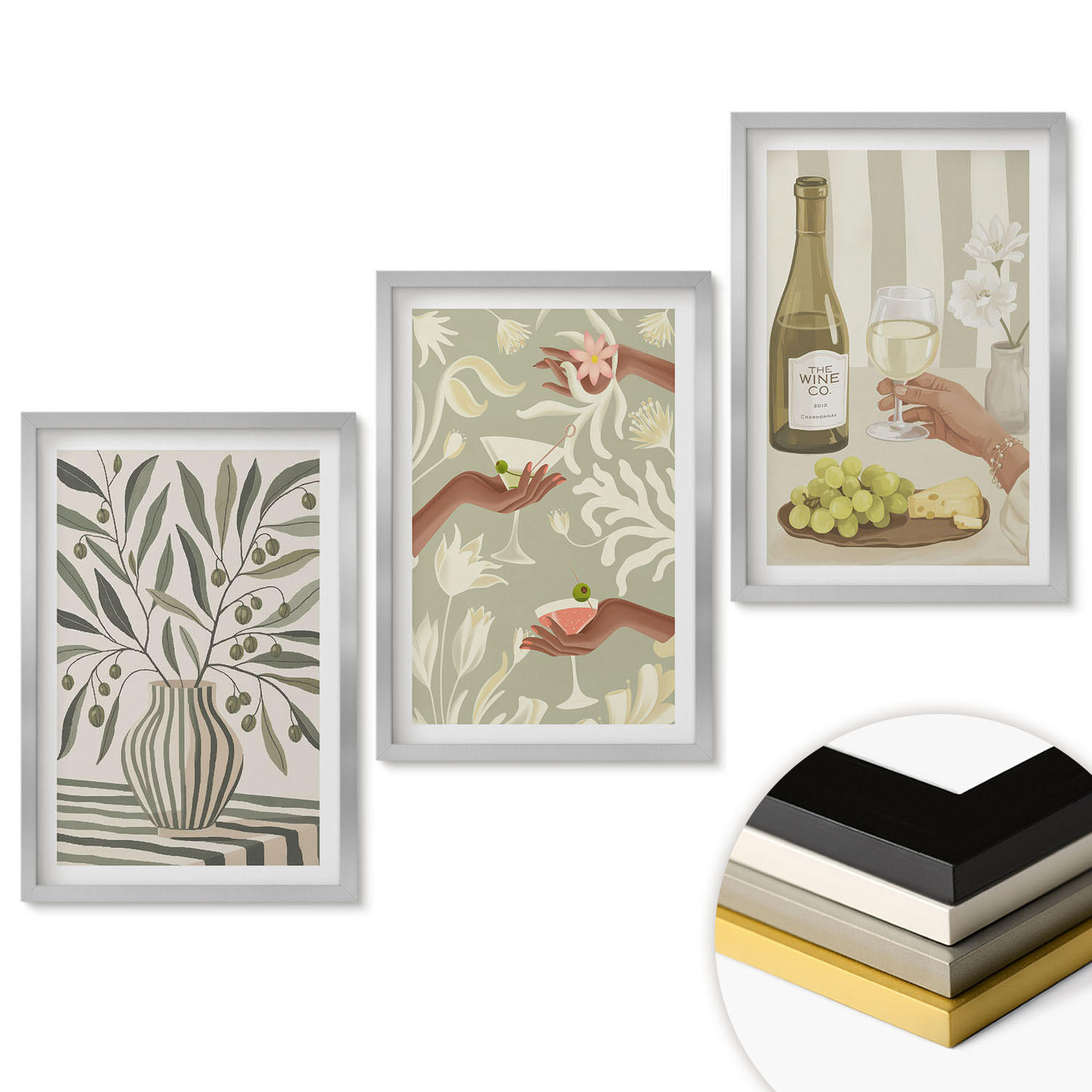 WANDBILDER 3er Set - 40x60 cm Silberner Rahmen - Rustikale Cocktails mit Olivenblüten - Silberfarben, Kunststoff (40/60cm) - ArtPrintCave