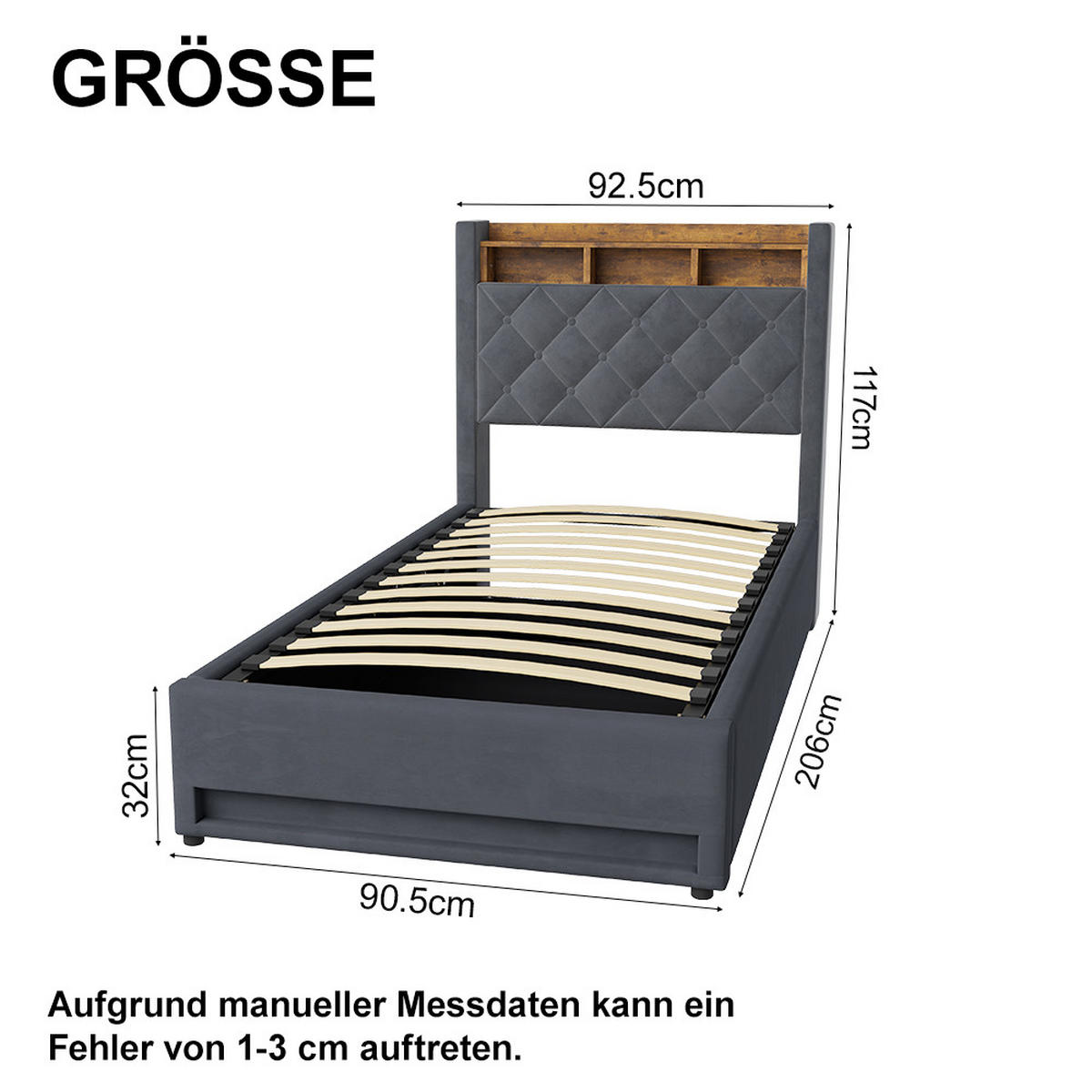 POLSTERBETT 90/190 cm in Grau, Samt, mit USB, LED, Bettkasten, ohne Matratze - Grau, Holzwerkstoff/Textil (90/190cm) - WISHDOR