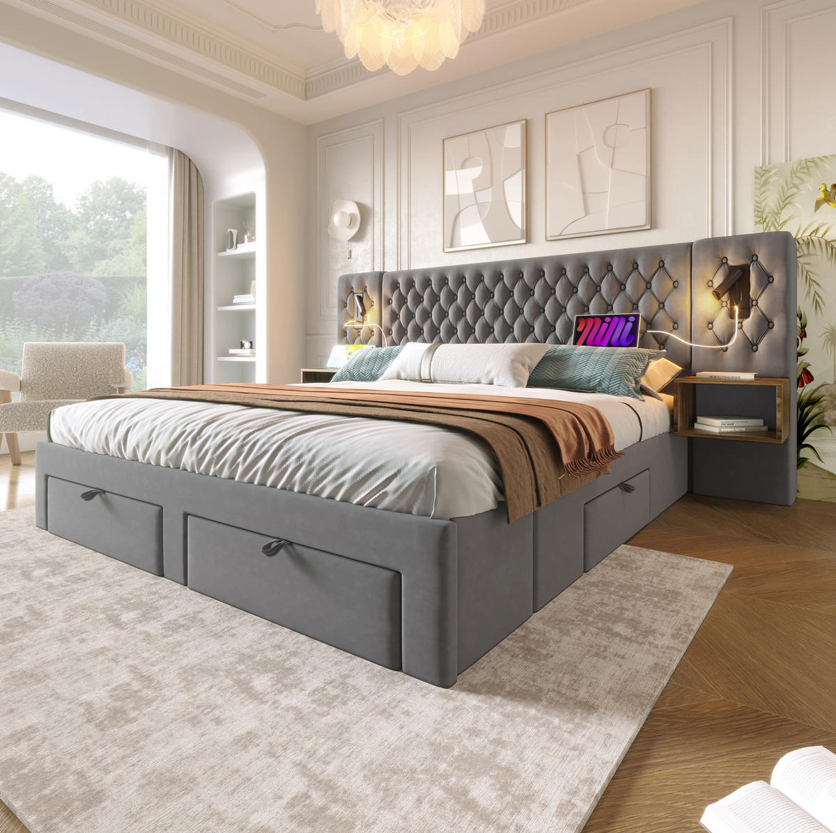 POLSTERBETT 180/200 cm Grau mit Leselicht und 4 Schubladen aus Samt - Grau, Textil (180/200cm) - OKWISH
