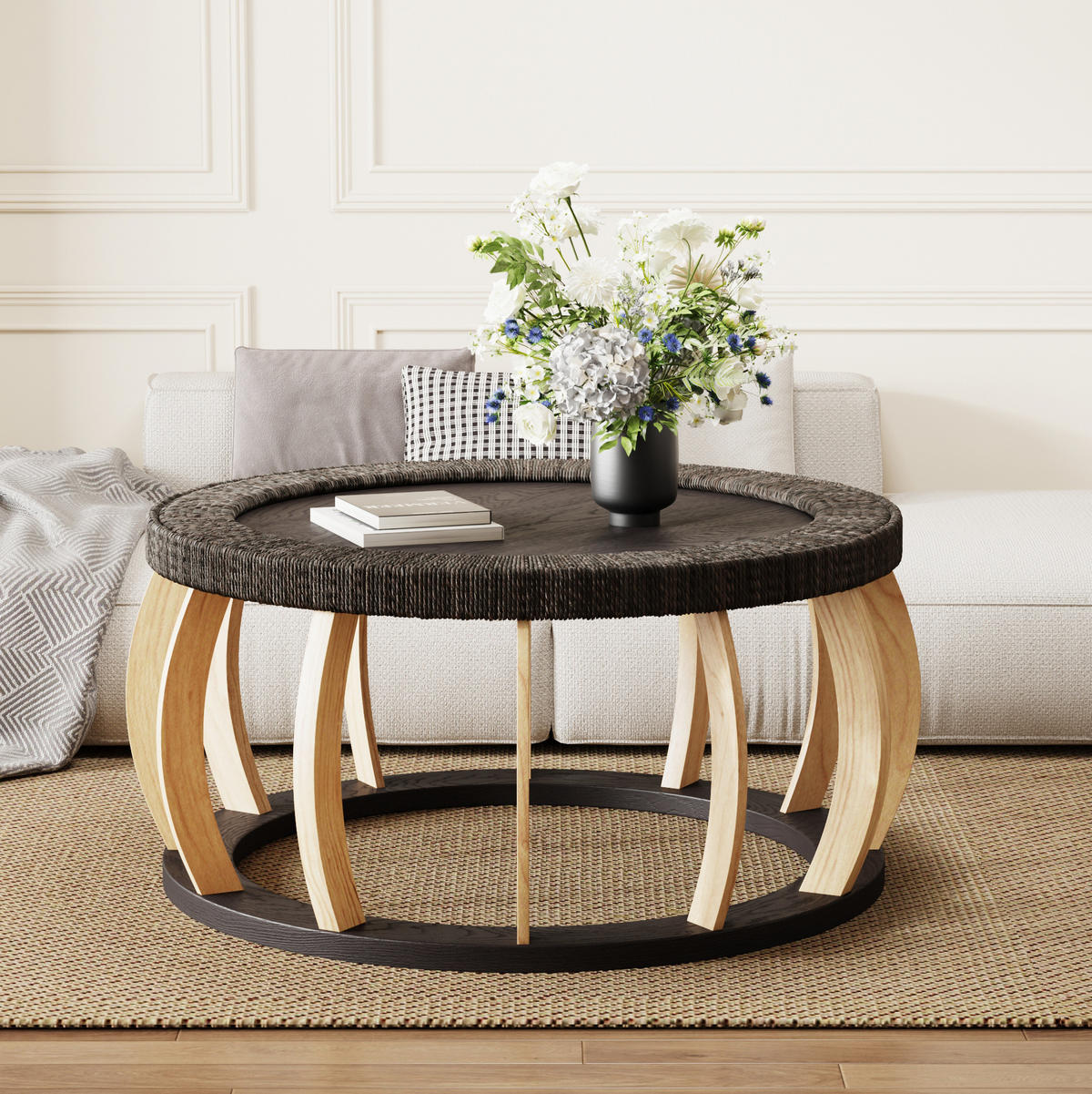 COUCHTISCH 90/90/43 cm mit runder Tischplatte, MDF und geschwungenen Massivholzbeinen in Rattan-Optik, Schwarzbraun - Schwarz, Holzwerkstoff (90/90/43cm) - Redom