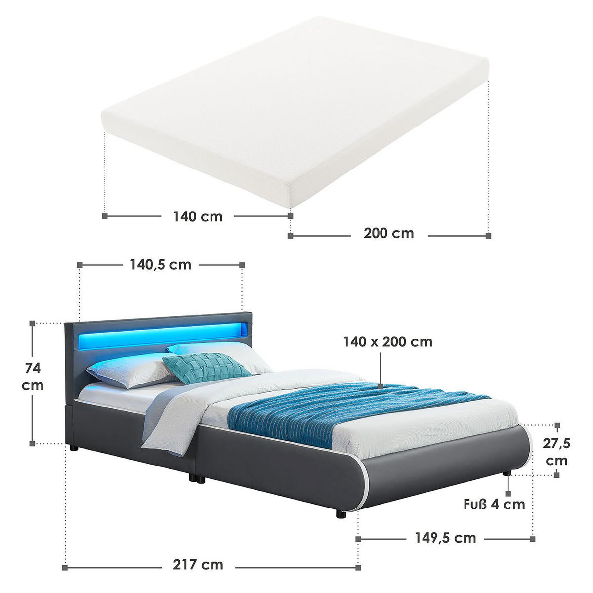 POLSTERBETT Sevilla dunkelgrau mit Matratze 140x200cm inkl. LED - Grau, Textil (200/200cm) - Juskys