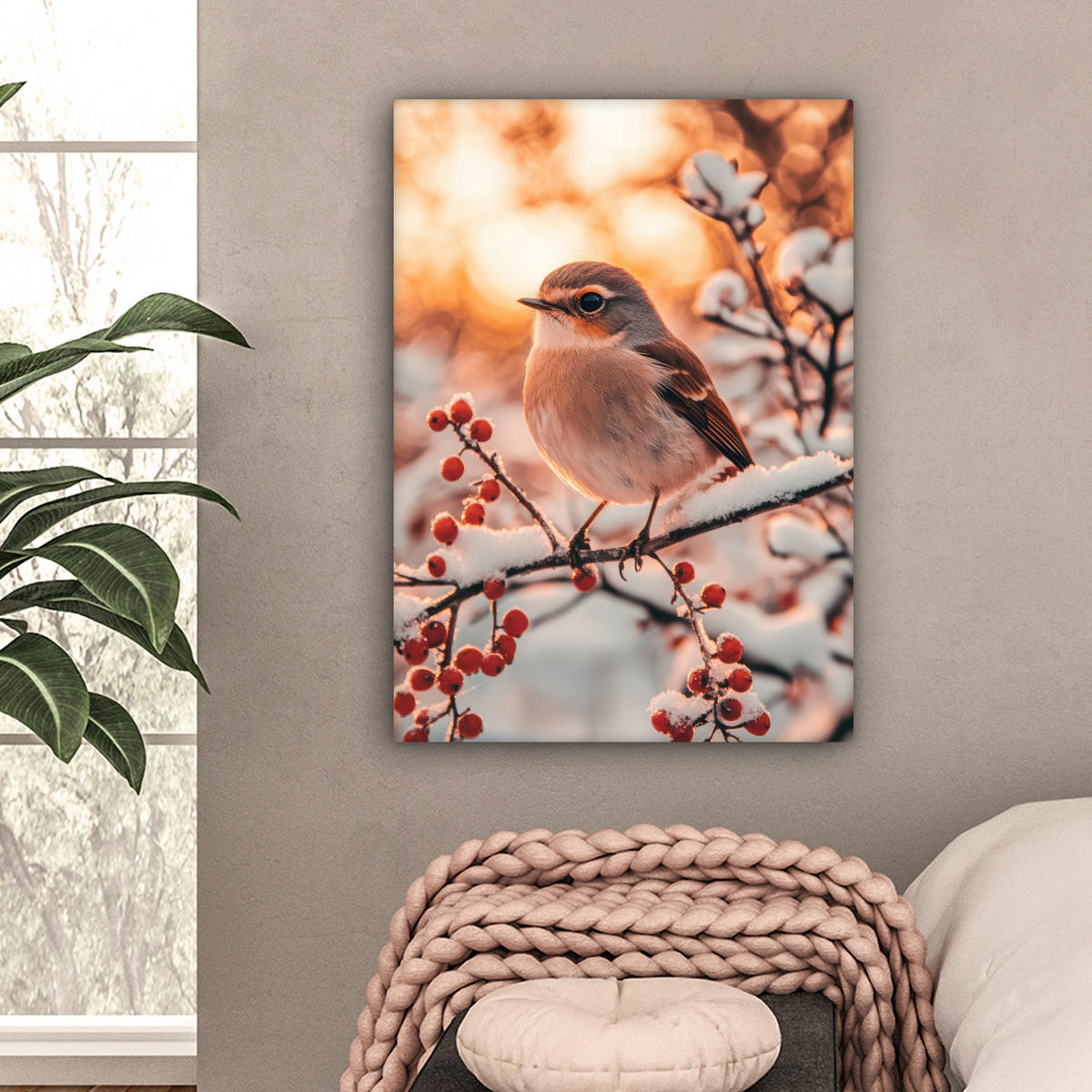 LEINWANDBILD Vogel - Zweig - Winter - Tiere - Schnee 60x80 cm - Bernsteinfarben, Textil (60/80cm) - MuchoWow