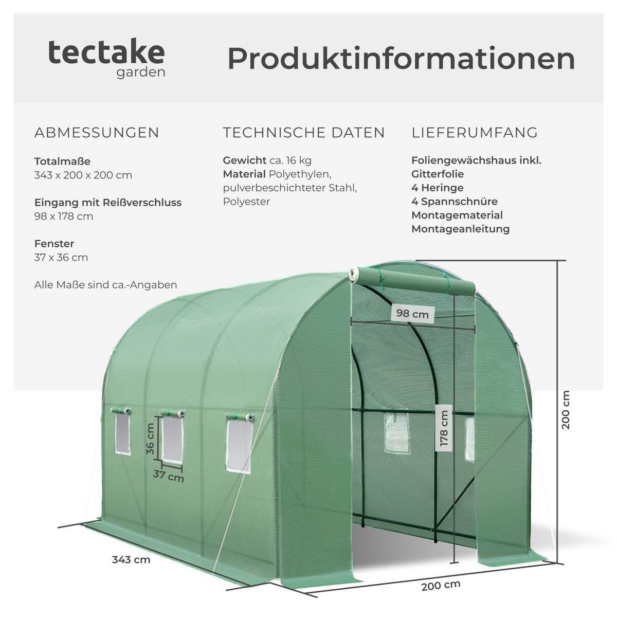 FOLIENGEWÄCHSHAUS, 343 x 200 x 200 cm, grün - Grün, Kunststoff (200/200/343cm) - tectake