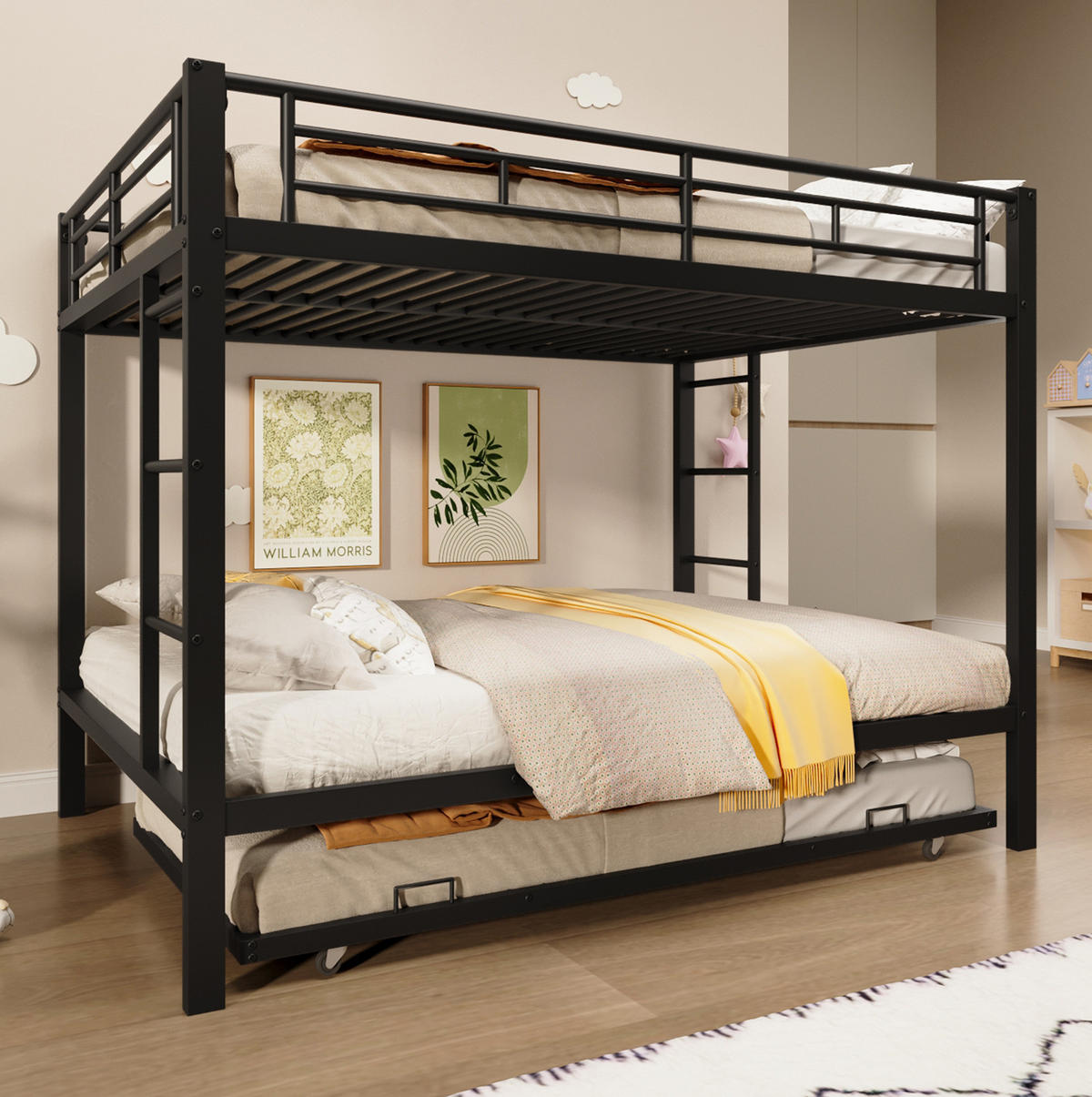 ETAGENBETT 140/200 cm aus Metall in Schwarz mit Ausziehbett und hohen Gittern - Schwarz, Metall (140/200cm) - OKMYHOME