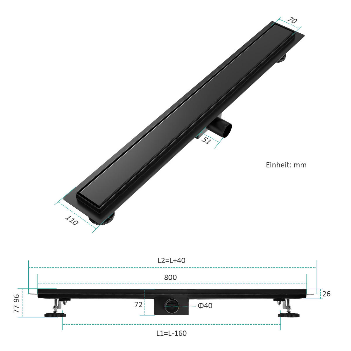 DUSCHRINNE Edelstahl Schwarz 80 / 11 cm - Schwarz, Metall (11/9/80cm) - EMKE
