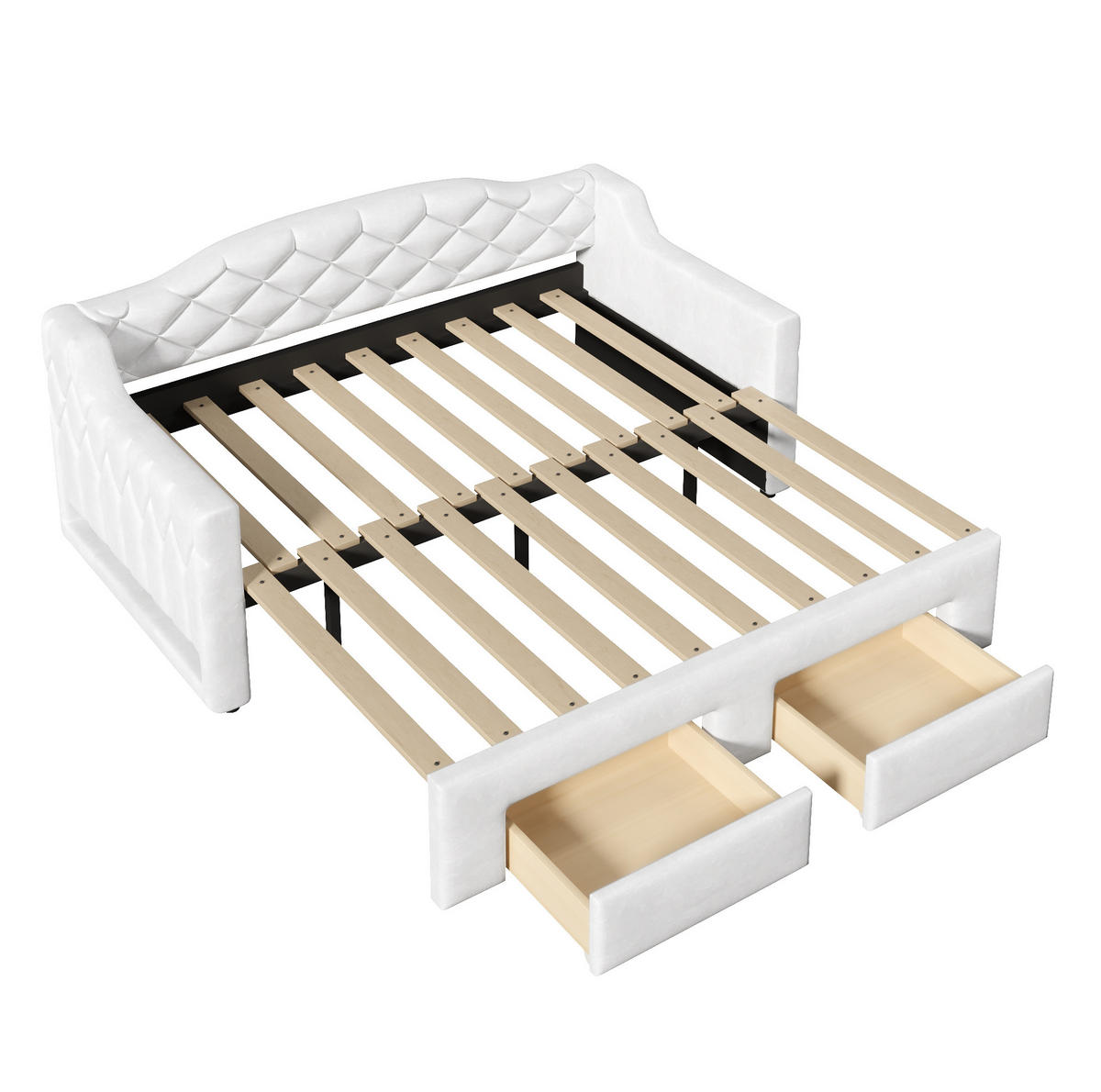 DENNÁ posteľ 90/200 cm biela rozkladacia na 180/200 cm s LED a zásuvkami z MDF, preglejky a zamatu - biela, textil (90/200cm) - OKWISH