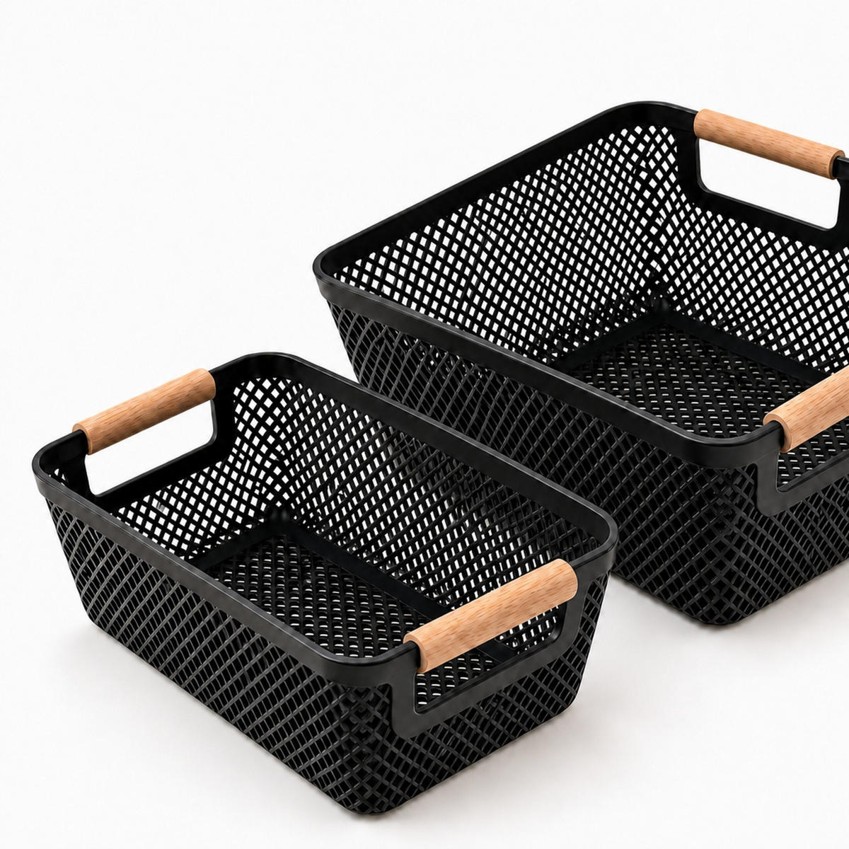 FÖRVARINGSKORG Svart 6-pack plast trähandtag storlek S - Svart, Trä/Plast (17.5/28.5/14cm) - Relaxdays
